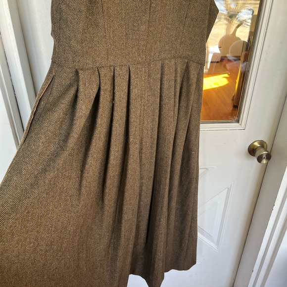 Women’s M/L Brown black handmade Herringbone Wool Sleeveless Button Dress - Picture 4 of 10